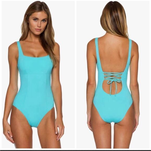 Becca Olivia One Piece Corset Square Neck Swimsuit in Sea Blue- Size Small - Picture 1 of 11